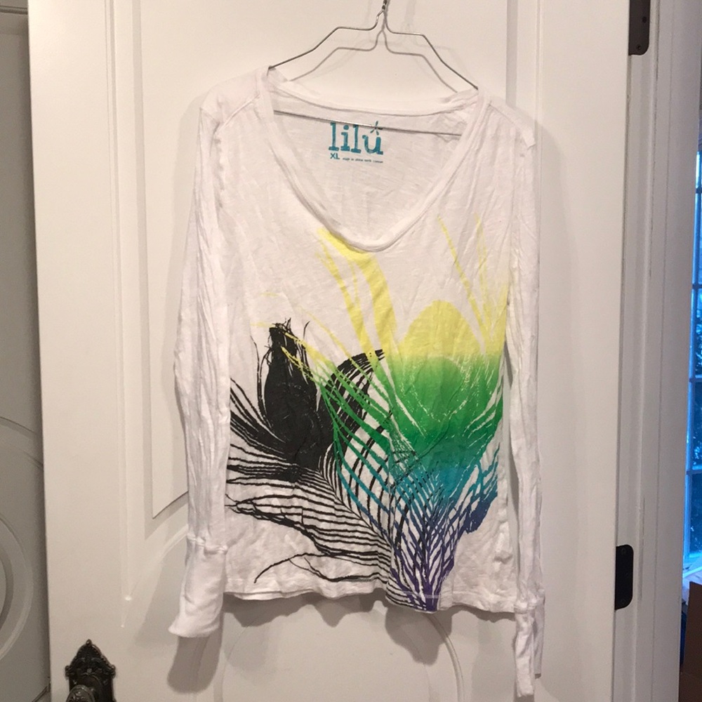 PACsun lilu xl white & rainbow peacock feather top